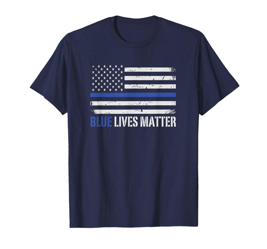 Blue Lives Matter Thin Blue Line American Flag Cop T-Shirt Small