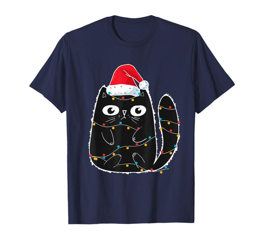 Cute Black Cat Santa Christmas Lights Meow Kitty Kitten Xmas T-Shirt