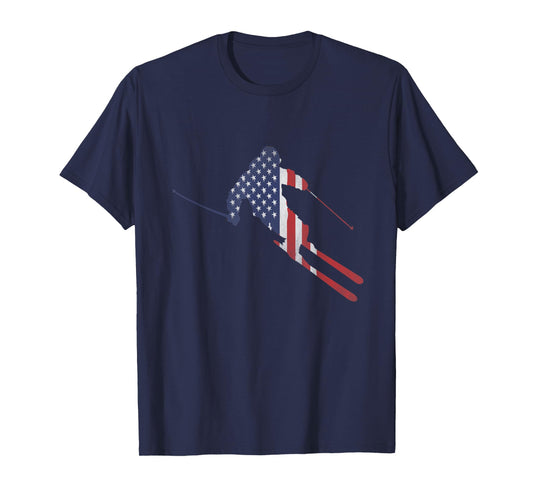 American Flag Skiing Outfit for US Skiers & Ski Run Winter T-Shirt for Women Kids Men