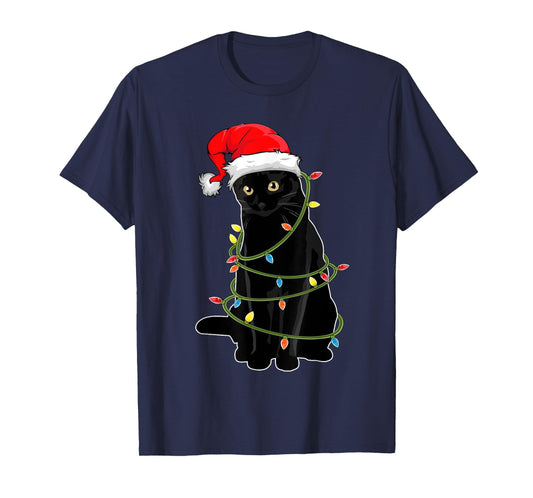 Christmas Cat Shirt For Men Black Cat Christmas Pajama Women T-Shirt