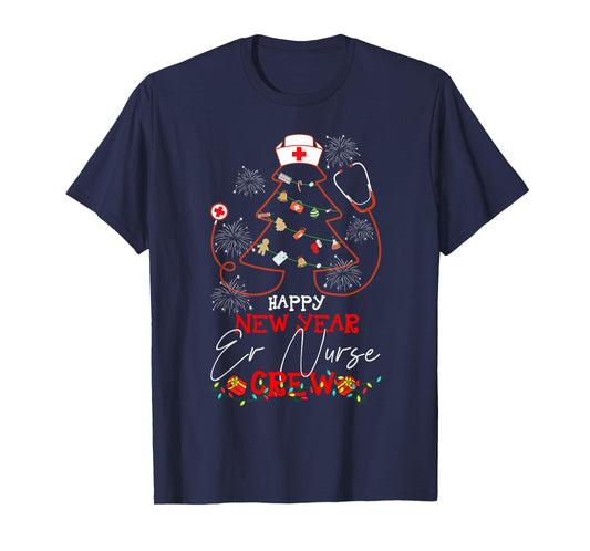 Christmas T-Shirt - Happy New Year ER Nurse Crew Reindeer Nurse - Black, Small - Women-Adults