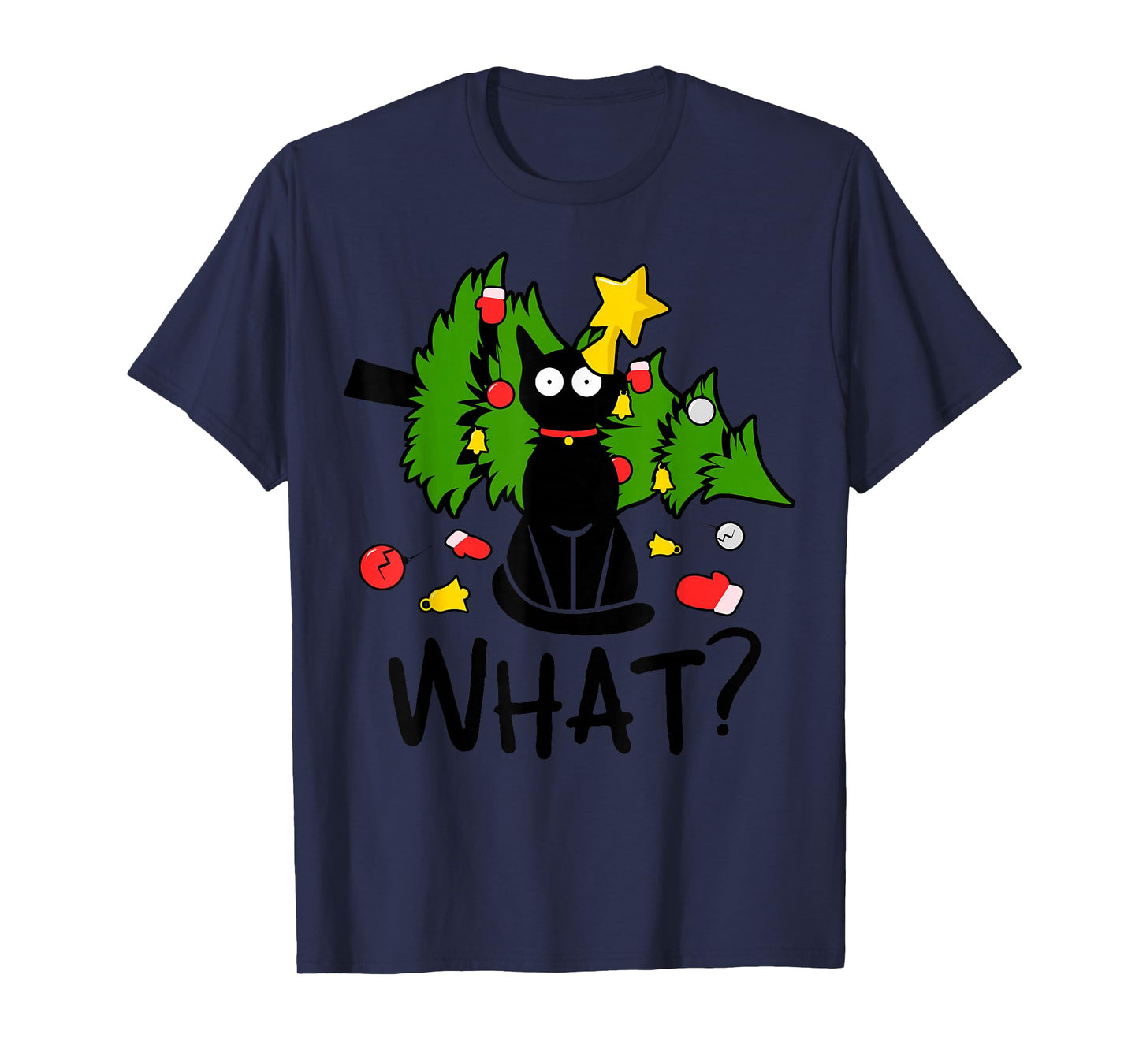 Funny Black Cat Christmas Tree Merry Xmas Humor Cat What? T-Shirt