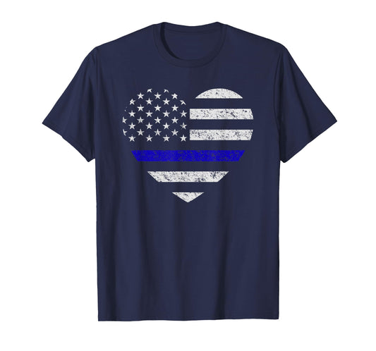 Thin Blue Line American Flag Heart Police Officer Support T-Shirt