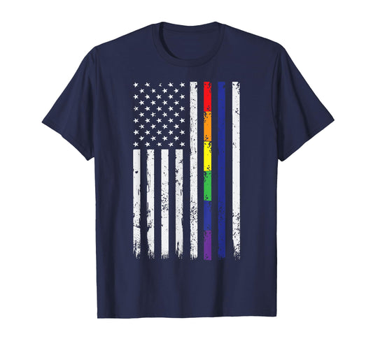 Police Support LGBT Gay Pride Thin Blue Line Rainbow Flag T-Shirt