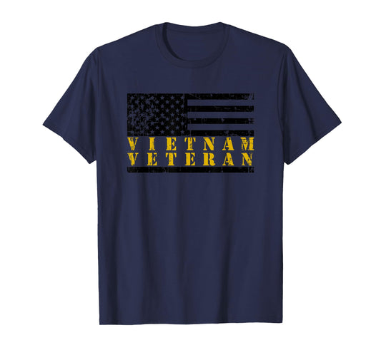 Vietnam Veteran Yellow Text Distressed American Flag T-Shirt Small