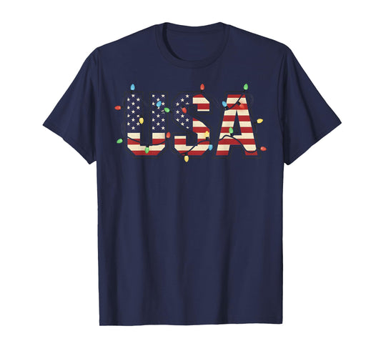 USA 4th of July US Flag Xmas Lights Christmas America T-Shirt