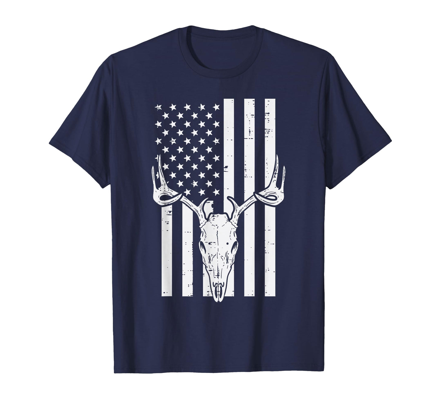 White US Flag Deer Skull Vintage Hunting Patriotic Hunt Dad T-Shirt