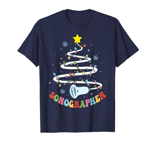 Christmas Sonography Tech, Holiday Sonographer Xmas Tree T-Shirt - Unisex-Adults, Black, Small