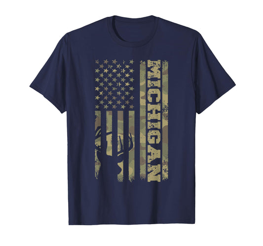 Michigan Deer Hunter Vintage Deer Hunting Camo USA Flag T-Shirt