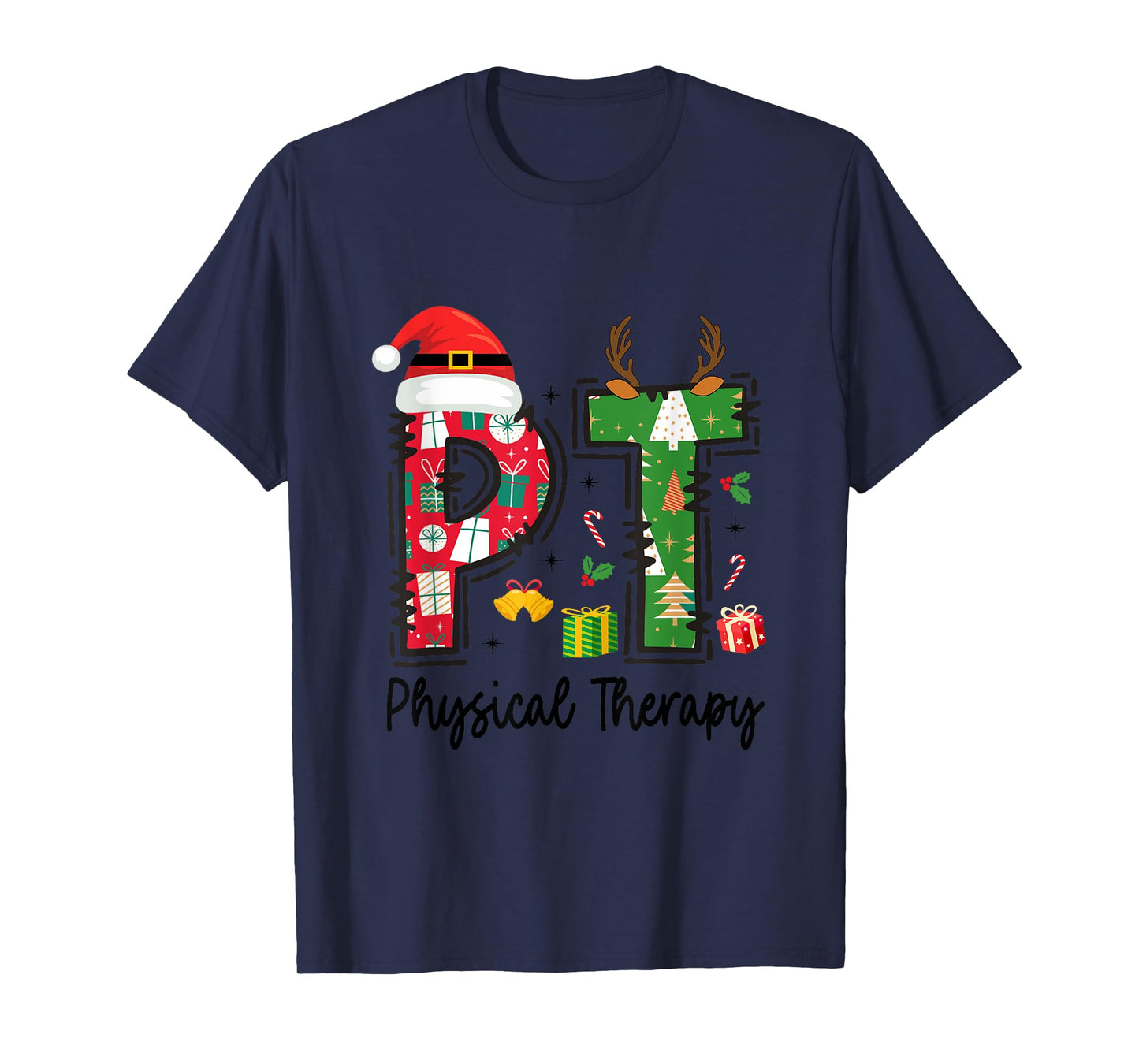Christmas Physical Therapy Ls Unisex-Adults T-Shirt Grey Small Classic Fit Short Sleeve Graphic Cartoon Holiday Physical Therapy Therapist Xmas T-Shirt