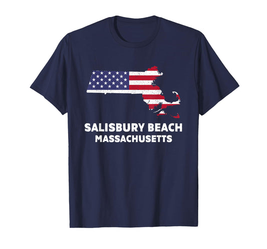 Distressed Patriotic USA Flag Salisbury Beach, MA Women Men T-Shirt