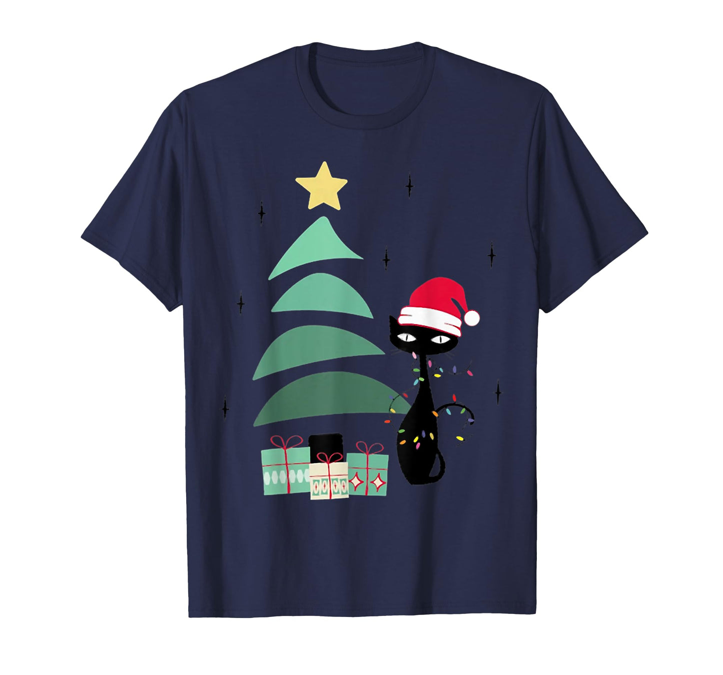 Funny Retro Mid Century Atomic Christmas Tree and Cat T-Shirt for Men Women Kids