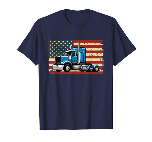 Semi Truck Driver 18 Wheeler Trucker USA American Flag T-Shirt