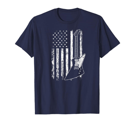 Patriotic Explorer Type Guitar Player American Flag Women Men T-Shirt