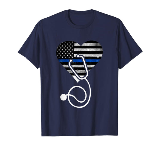 American Flag Heart with Police Thin Blue Line Nurse RN LVN T-Shirt