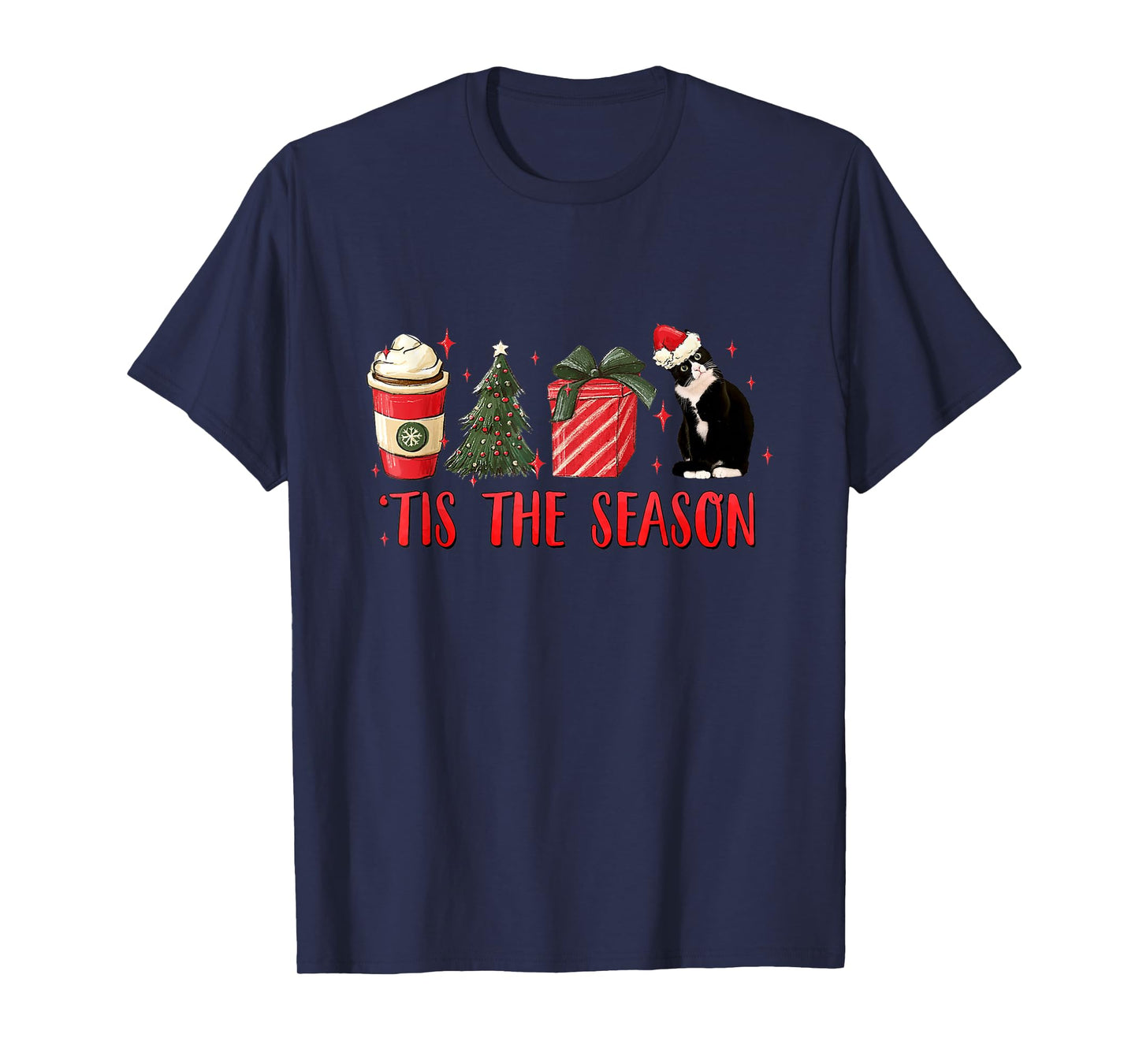 Tis The Season Christmas Tree Coffee Tuxedo Cat Santa Hat T-Shirt for Men Women Kids