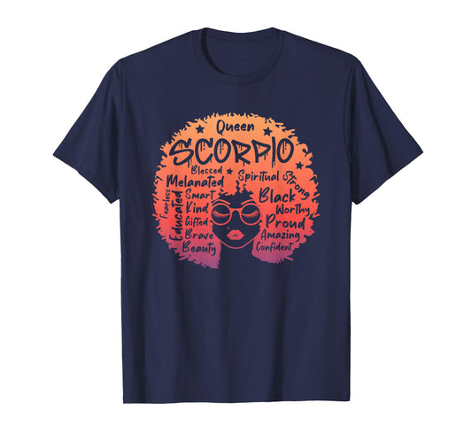 Scorpio Queen Zodiac Melanin Afro Hair Words Personality T-Shirt