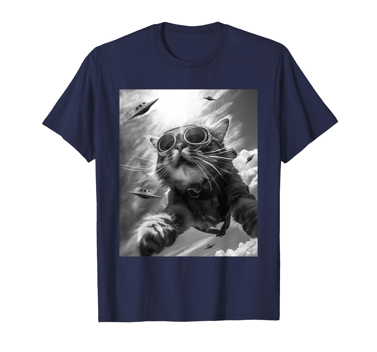 Funny Skydiving Cat Selfie with Alien UFOs Men Women Kids T-Shirt