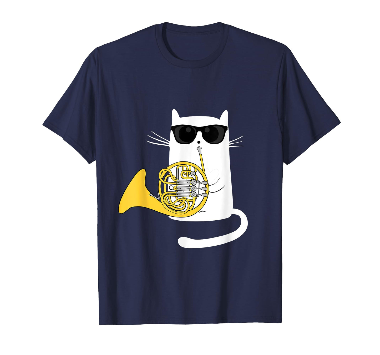 Funny Jazz Cat Wearing Sunglasses Playing French Horn Men Women Girls Kids T-Shirt
