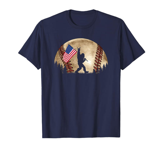 Funny Bigfoot Baseball American Flag Sasquatch T-Shirt