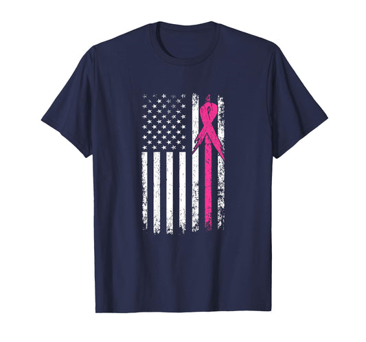 American Flag Pink Ribbon Breast Cancer Awareness Month Women T-Shirt