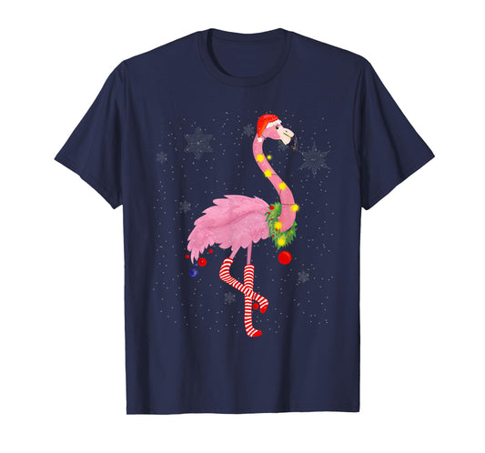 Cute Pink Flamingo with Snow, Lights and Santa Hat Christmas T-Shirt