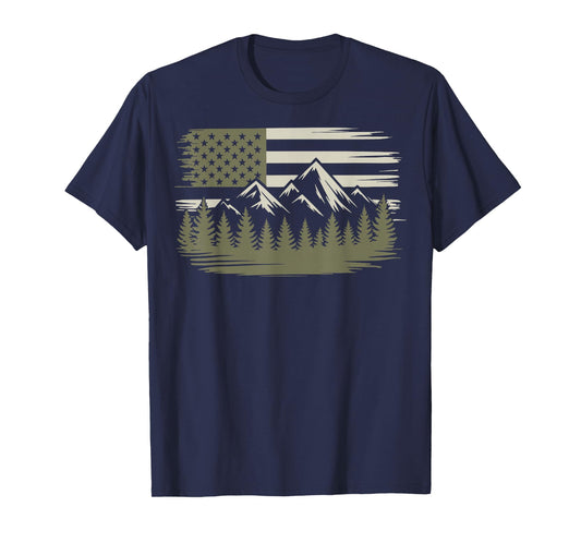 Forest Mountain USA Flag Wildlife Camping T-Shirt