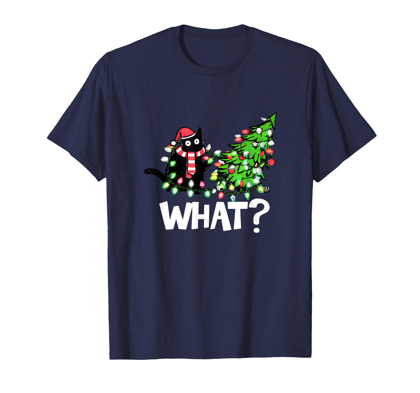 Funny Pussycat Pushing Christmas Lights Tree Over Cat What? T-Shirt