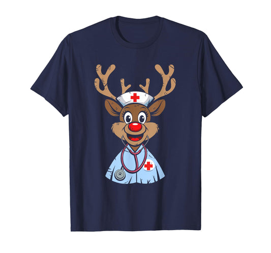 Christmas Nurse Reindeer Funny Scrubs Rubber Gloves Nurses T-Shirt
