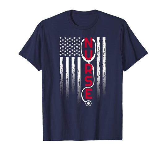 Patriotic Nurse with Flag Stethoscope for RN, LPN T-Shirt Small
