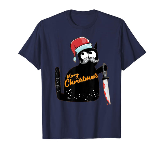 Christmas Scary Black Cat With Knife funny Christmas Pajama Men Women T-Shirt
