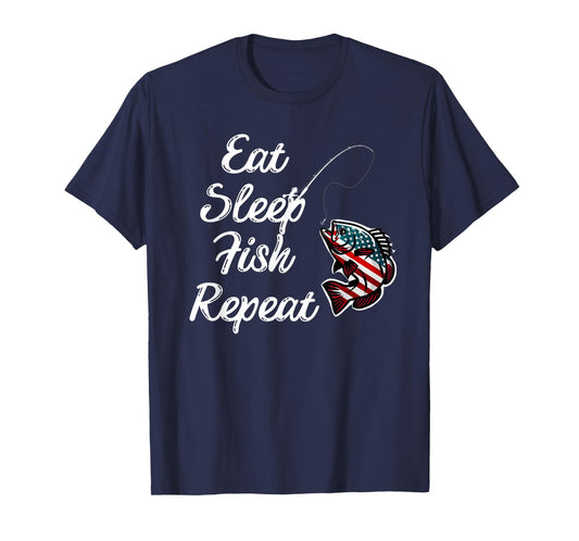 Eat Sleep Fish Repeat fish adorned in the American flag T-Shirt