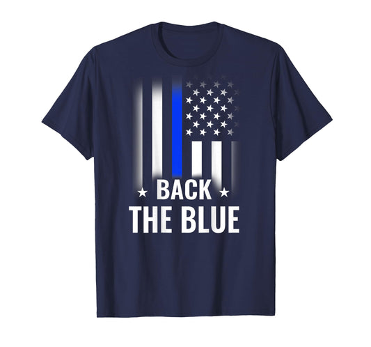 Police Flag Design - Printed On Back - Back The Blue T-Shirt