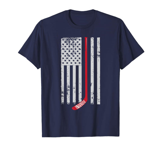 Red Hockey Stick American Flag T-Shirt Hockey Love Tee T-Shirt for Women Kids Men