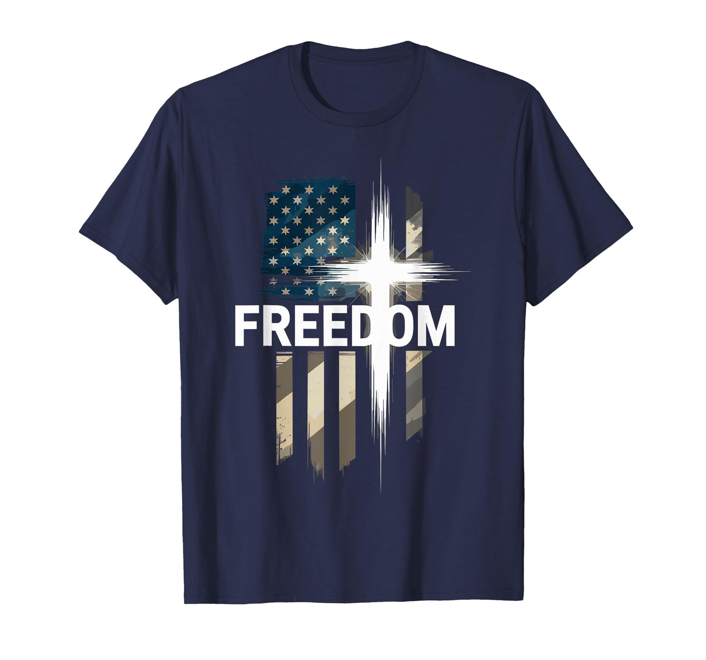 Grunge American Flag and Cross Faith Family Freedom T-Shirt
