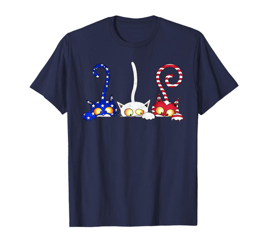 Cat 4th of July American Flag Red White Blue Women Kids T-Shirt