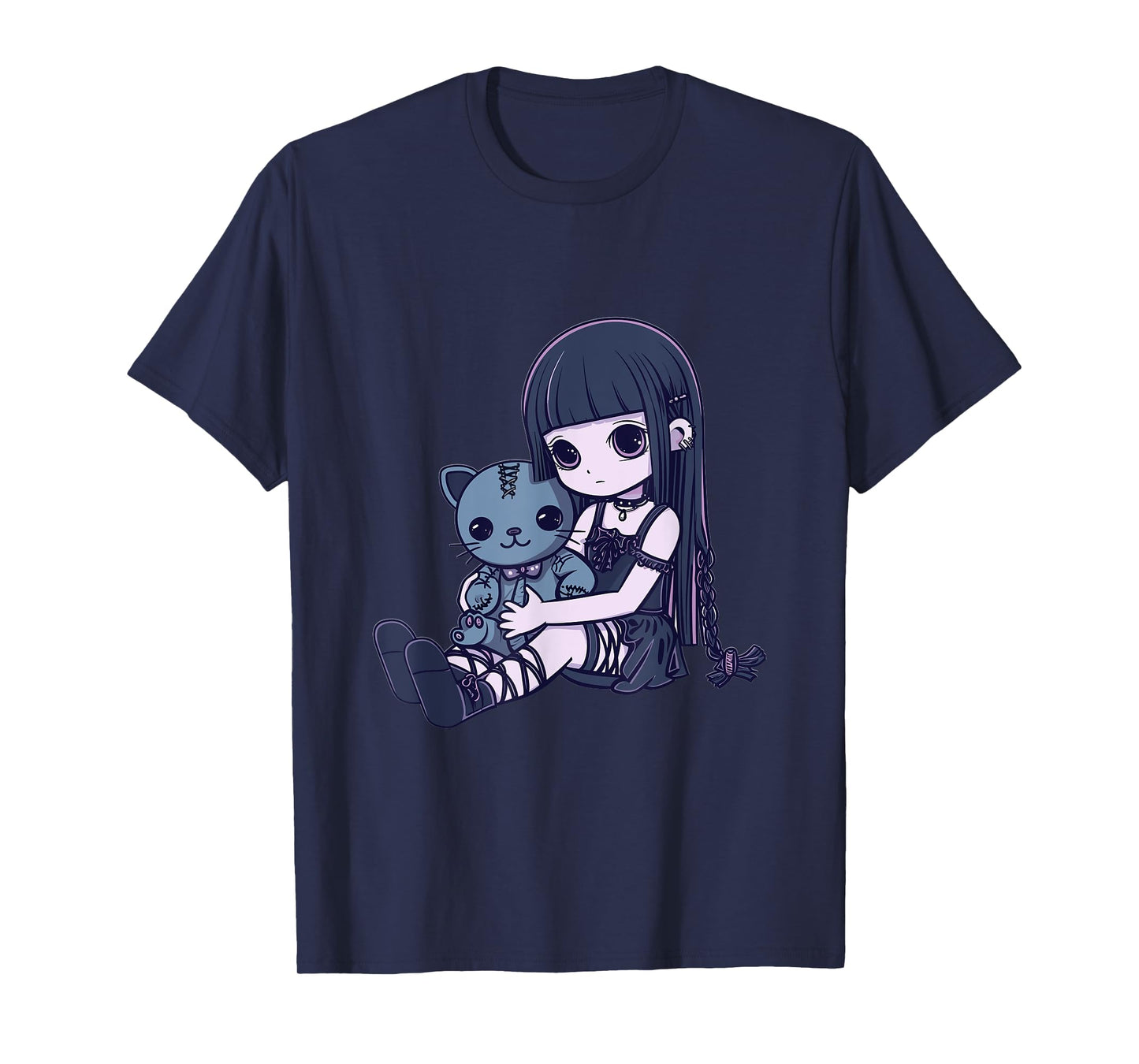 Goth Pastel Kawaii Anime Girl with Voodoo doll Teddy Cat T-Shirt