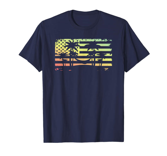 Summer Sunset Palm Trees American Flag Beach T-Shirt
