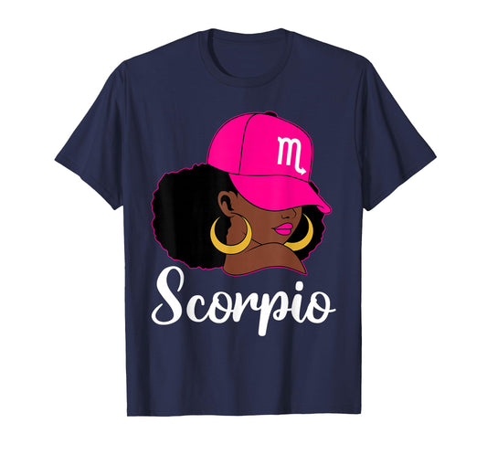 Scorpio Black Girl Pink Cap Zodiac Birthday Afro Woman T-Shirt