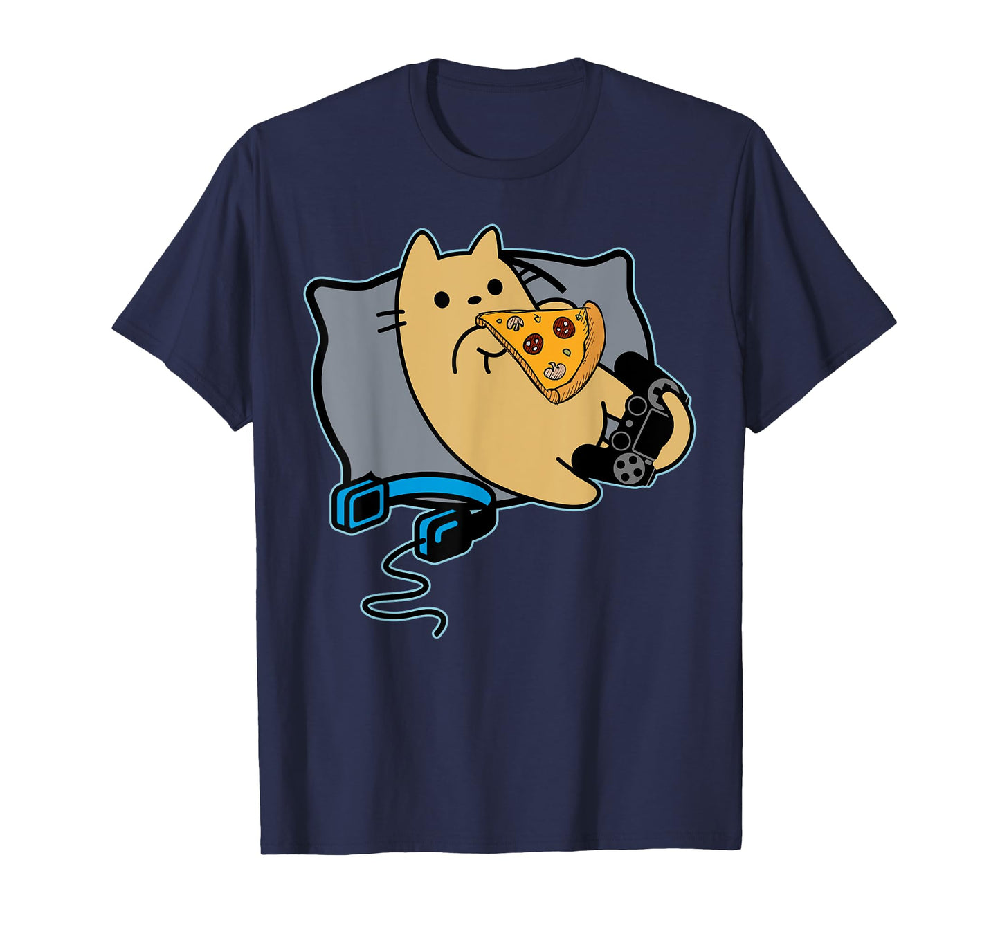 Nerdy Pizza Eating Gamer Cat Game Paused T-Shirt