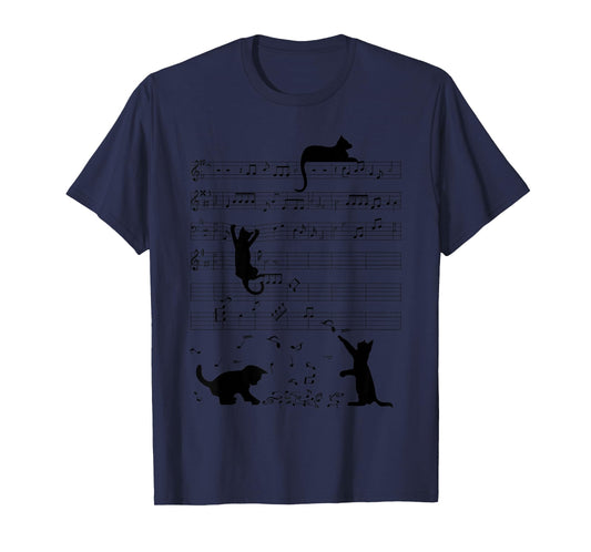 Cute Cat Kitty Playing Music Note Clef Musician Art T-Shirt Small
