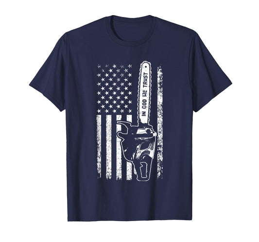 Vintage American Flag In God We Trust Lumberjack Chainsaw T-Shirt