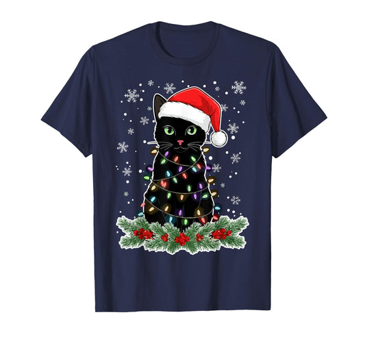 Christmas Black Cats Lover Santa Hat Funny Cat T-Shirt