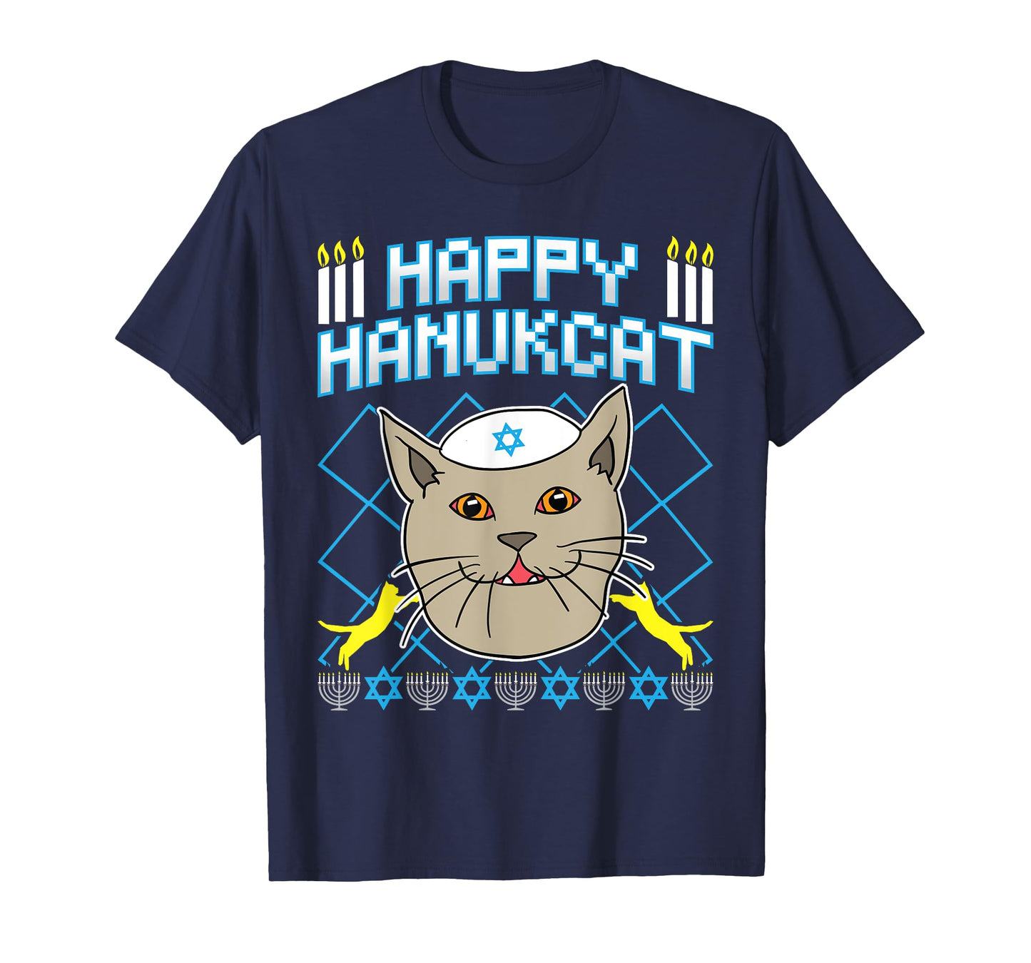 Happy Hanukcat Hannukah Jewish Cat Ugly Christmas Sweater Men Women Kids T-Shirt