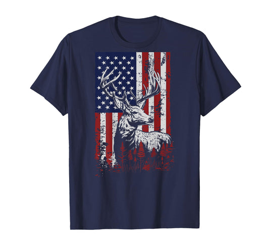 Whitetail Buck Deer Hunting American Flag Patriotic ON BACK T-Shirt