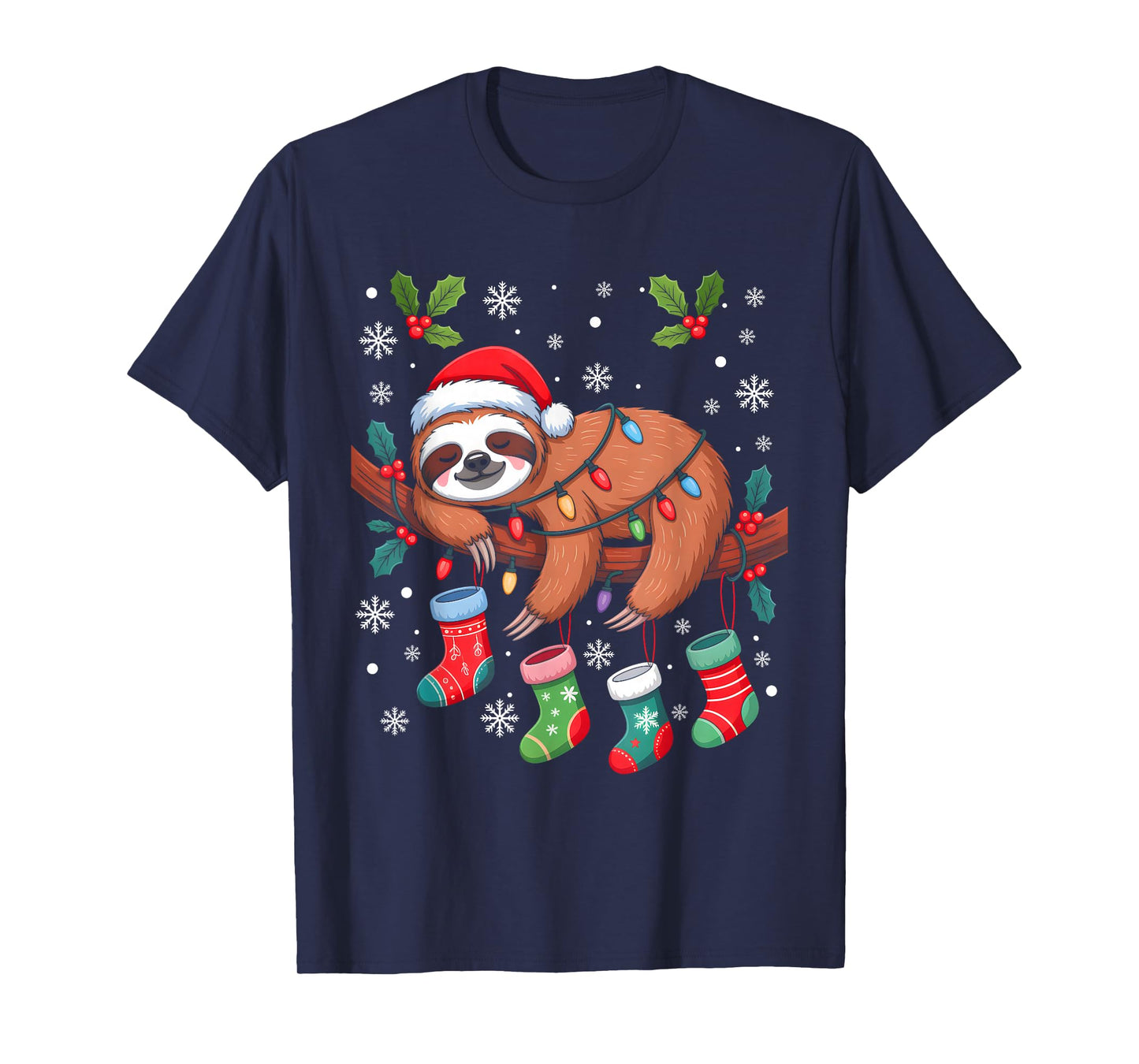 Funny Christmas Sloth Santa Hat Lights Family Xmas Pajamas T-Shirt