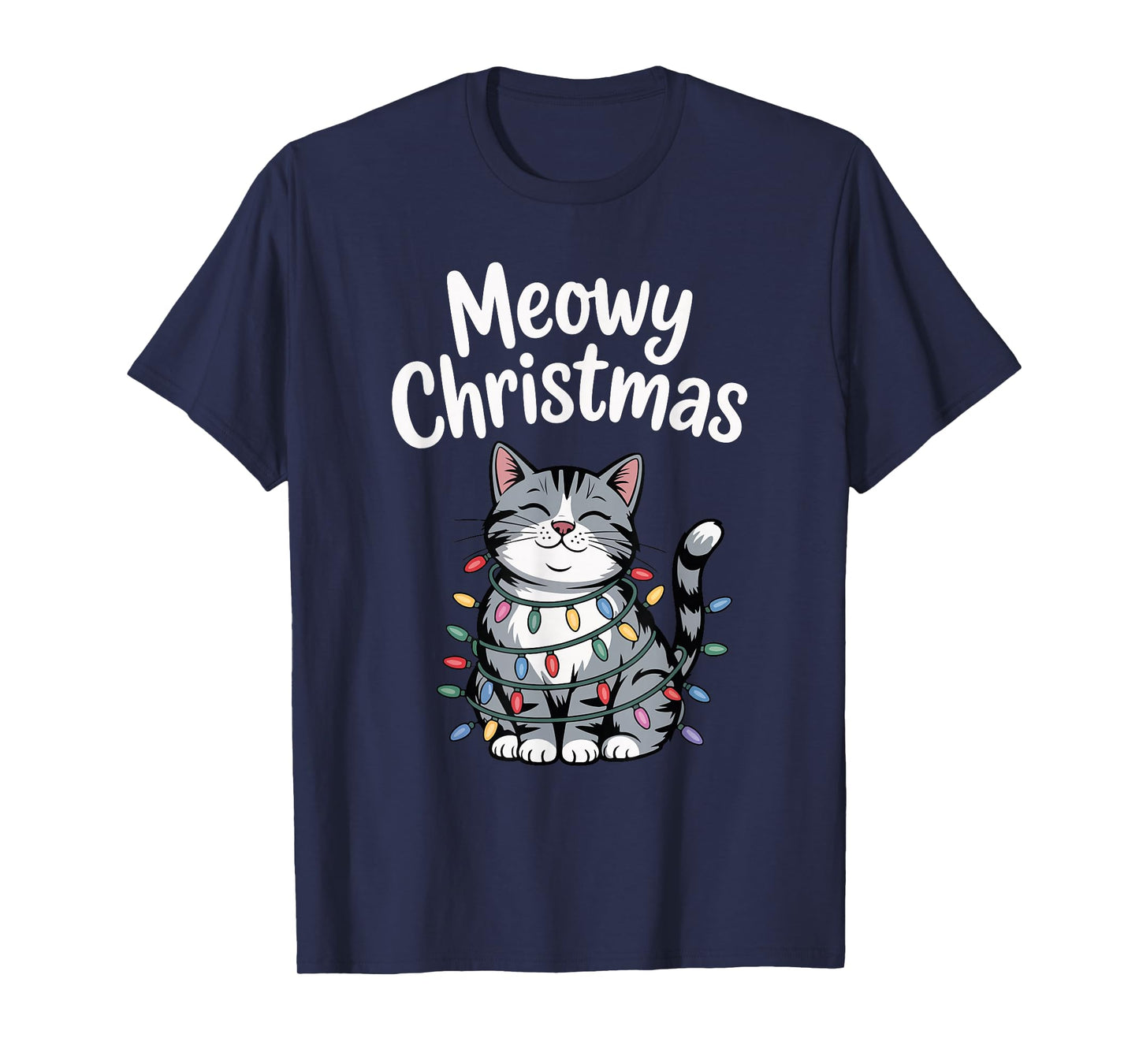 Meowy Christmas Cute Gray Tabby Cat Holiday Lights T-Shirt