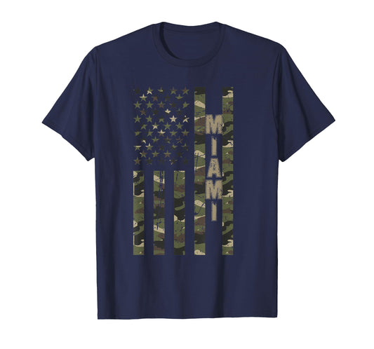 Miami United States Distressed Camo w US Flag T-Shirt