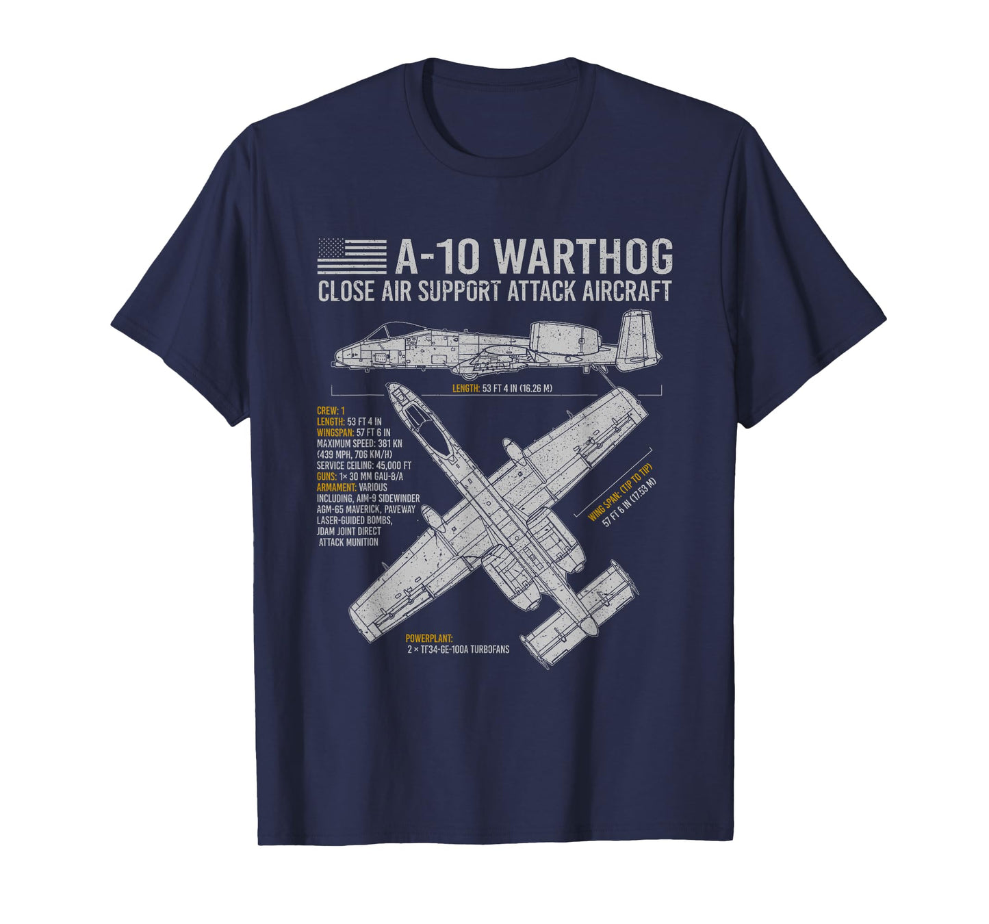 Aviation Geeks Store A-10 Warthog Thunderbolt II Aircraft Airplane Blueprint Fact T-Shirt