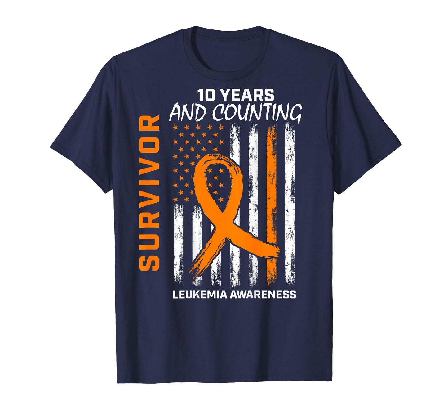 10 Year Cancer Survivor Leukemia Awareness American Flag T-Shirt